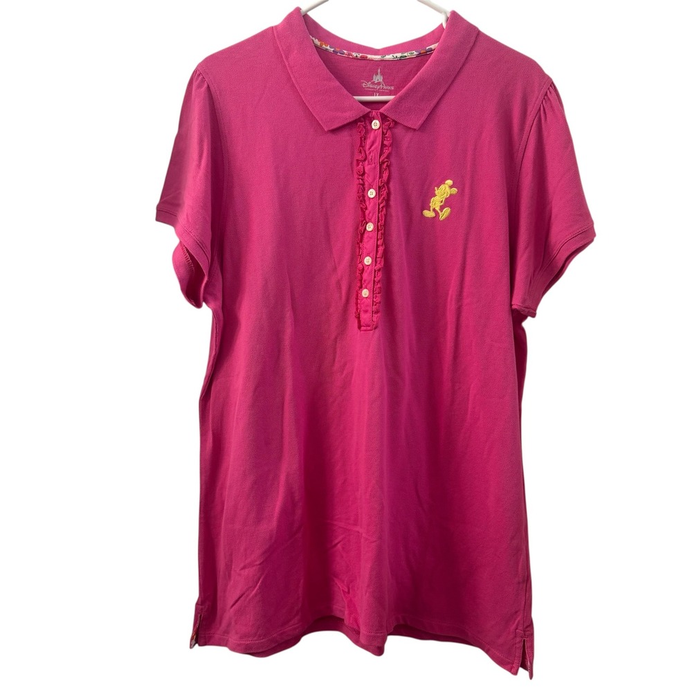 Disney Parks Women's Pink Mickey Mouse‎ Ruffle Polo Shirt 1X Cotton